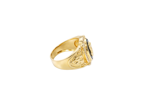 14KT Gold Ring Men's Oval Onyx Jesus Head with White CZ Stones Border Side Design Chrome Style Cross on Shield
