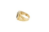 14KT Gold Ring Men's Oval Onyx Jesus Head with White CZ Stones Border Side Design Chrome Style Cross on Shield