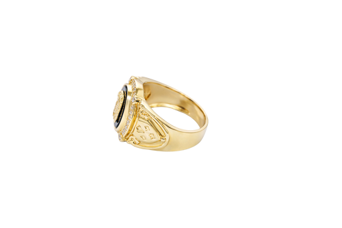14KT Gold Ring Men's Oval Onyx Jesus Head with White CZ Stones Border Side Design Chrome Style Cross on Shield