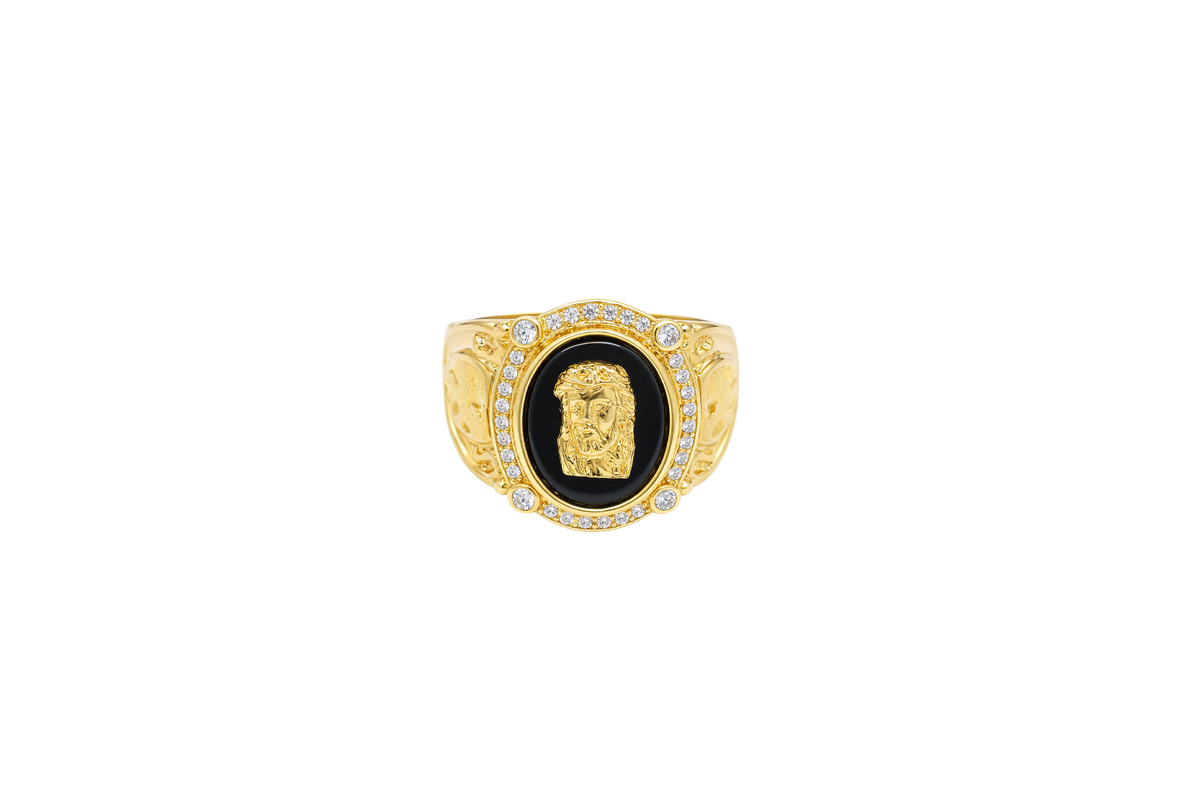 14KT Gold Ring Men's Oval Onyx Jesus Head with White CZ Stones Border Side Design Chrome Style Cross on Shield