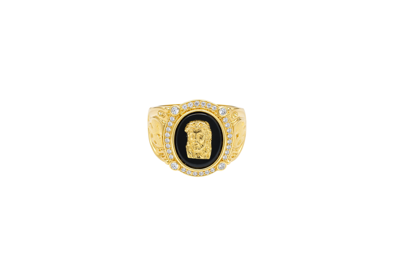 14KT Gold Ring Men's Oval Onyx Jesus Head with White CZ Stones Border Side Design Chrome Style Cross on Shield