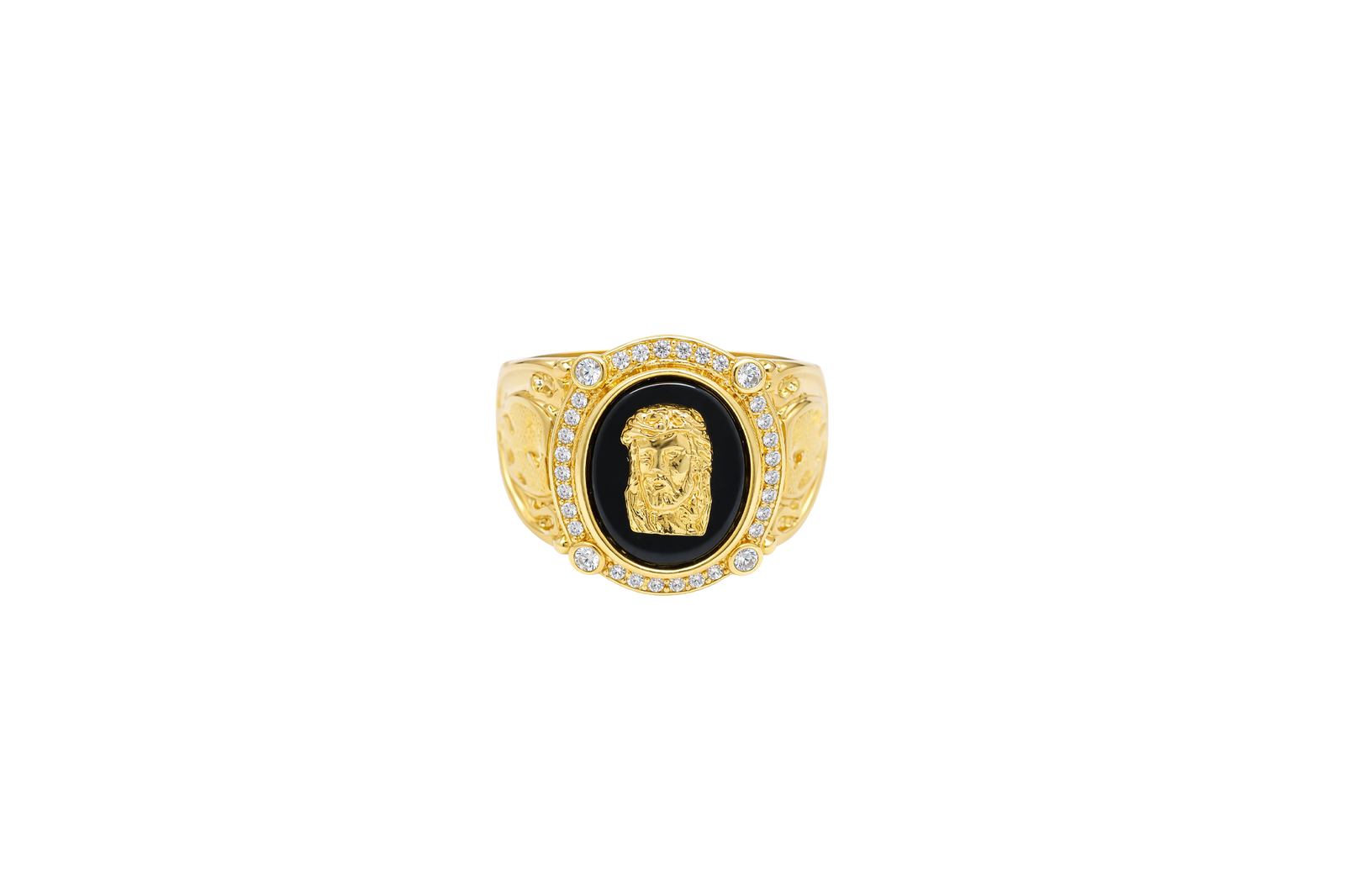 14KT Gold Ring Men's Oval Onyx Jesus Head with White CZ Stones Border Side Design Chrome Style Cross on Shield