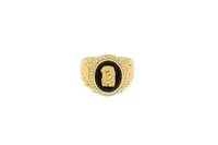 14KT Gold Ring Men's Oval Onyx Jesus Head with White CZ Stones Border Side Design Chrome Style Cross on Shield