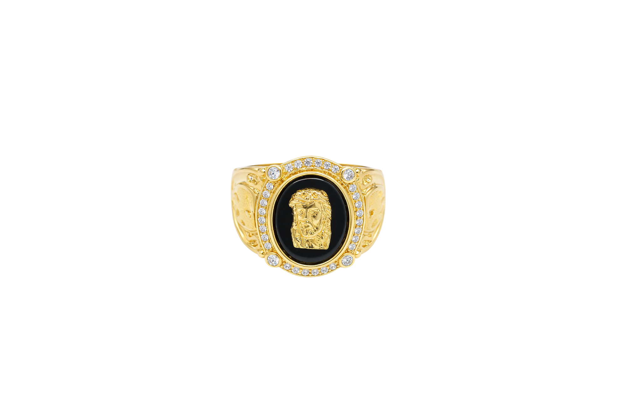 14KT Gold Ring Men's Oval Onyx Jesus Head with White CZ Stones Border Side Design Chrome Style Cross on Shield