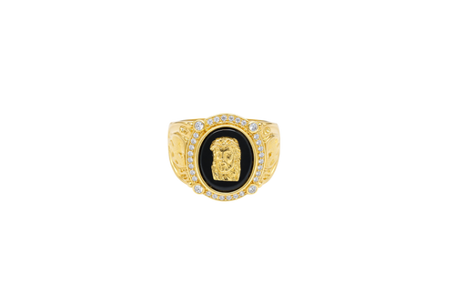 14KT Gold Ring Men's Oval Onyx Jesus Head with White CZ Stones Border Side Design Chrome Style Cross on Shield
