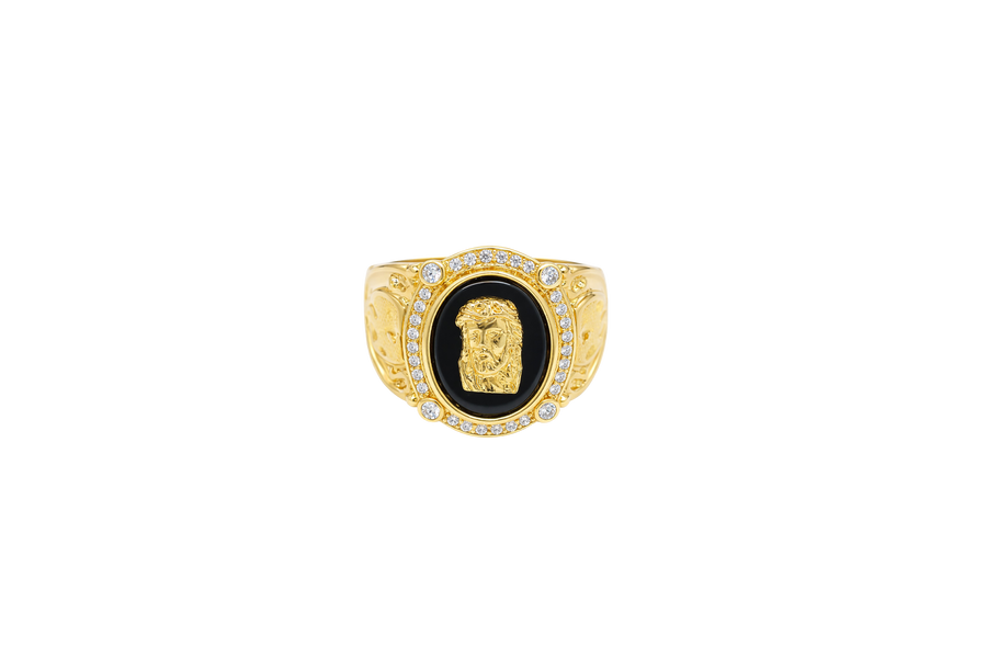 14KT Gold Ring Men's Oval Onyx Jesus Head with White CZ Stones Border Side Design Chrome Style Cross on Shield