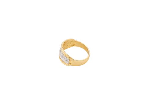 14KT Gold Ring Men's Two Tone Last Supper Scene with Table Legs Textured Background Dotted Border Double Lined Plain Border