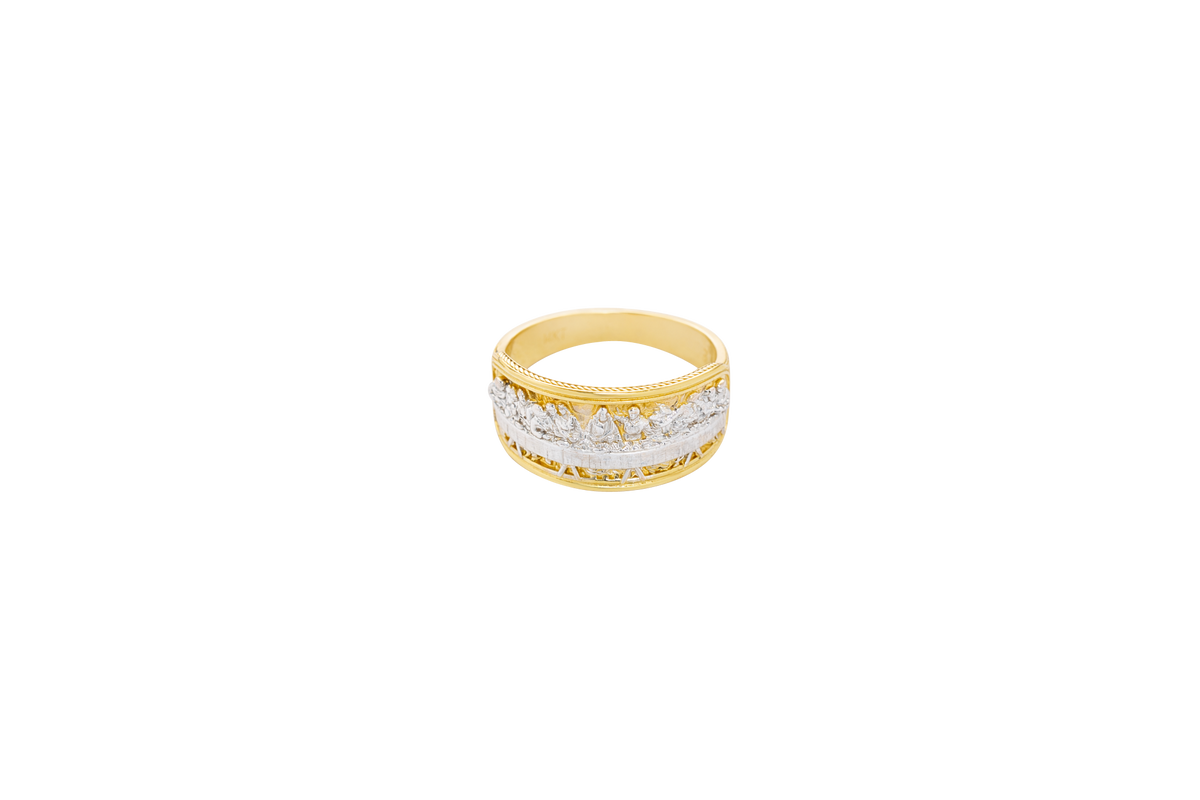 14KT Gold Ring Men's Two Tone Last Supper Scene with Table Legs Textured Background Dotted Border Double Lined Plain Border