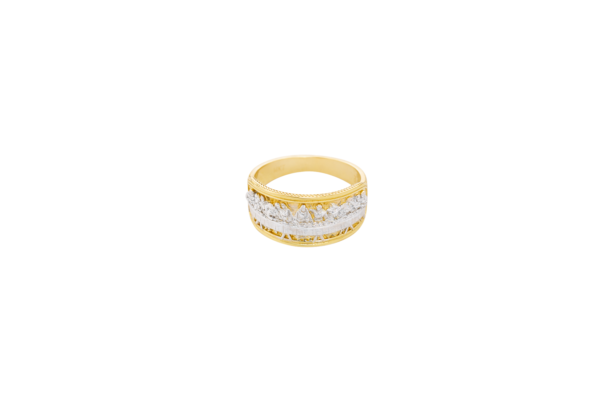 14KT Gold Ring Men's Two Tone Last Supper Scene with Table Legs Textured Background Dotted Border Double Lined Plain Border