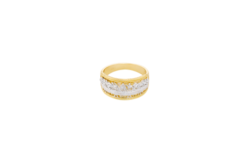 14KT Gold Ring Men's Two Tone Last Supper Scene with Table Legs Textured Background Dotted Border Double Lined Plain Border