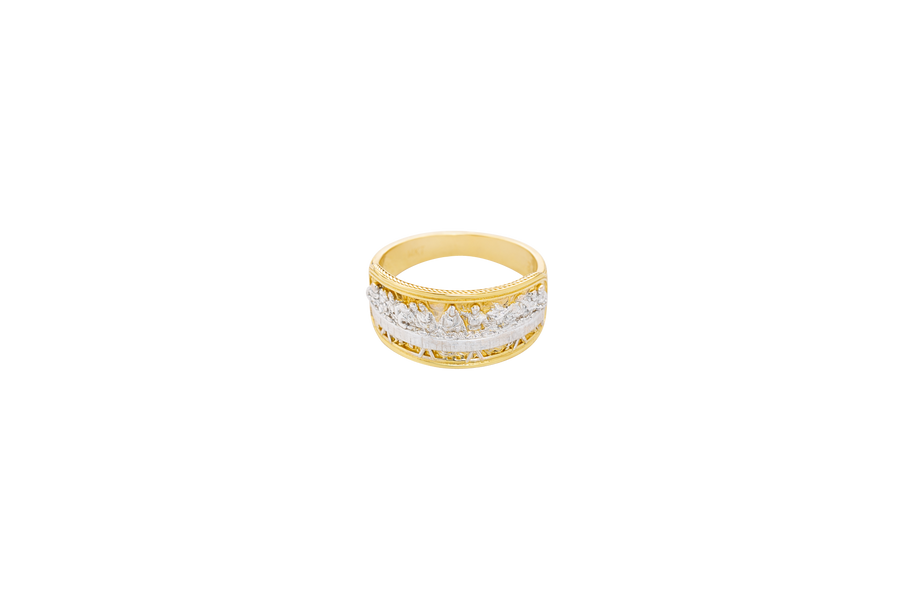 14KT Gold Ring Men's Two Tone Last Supper Scene with Table Legs Textured Background Dotted Border Double Lined Plain Border