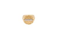 14KT Gold Ring Men's Two Tone Round Last Supper Scene with "LAST SUPPER" Typed on Top Border Typed "PRAY FOR US" Typed Lower Border Side Design Cutout Cross