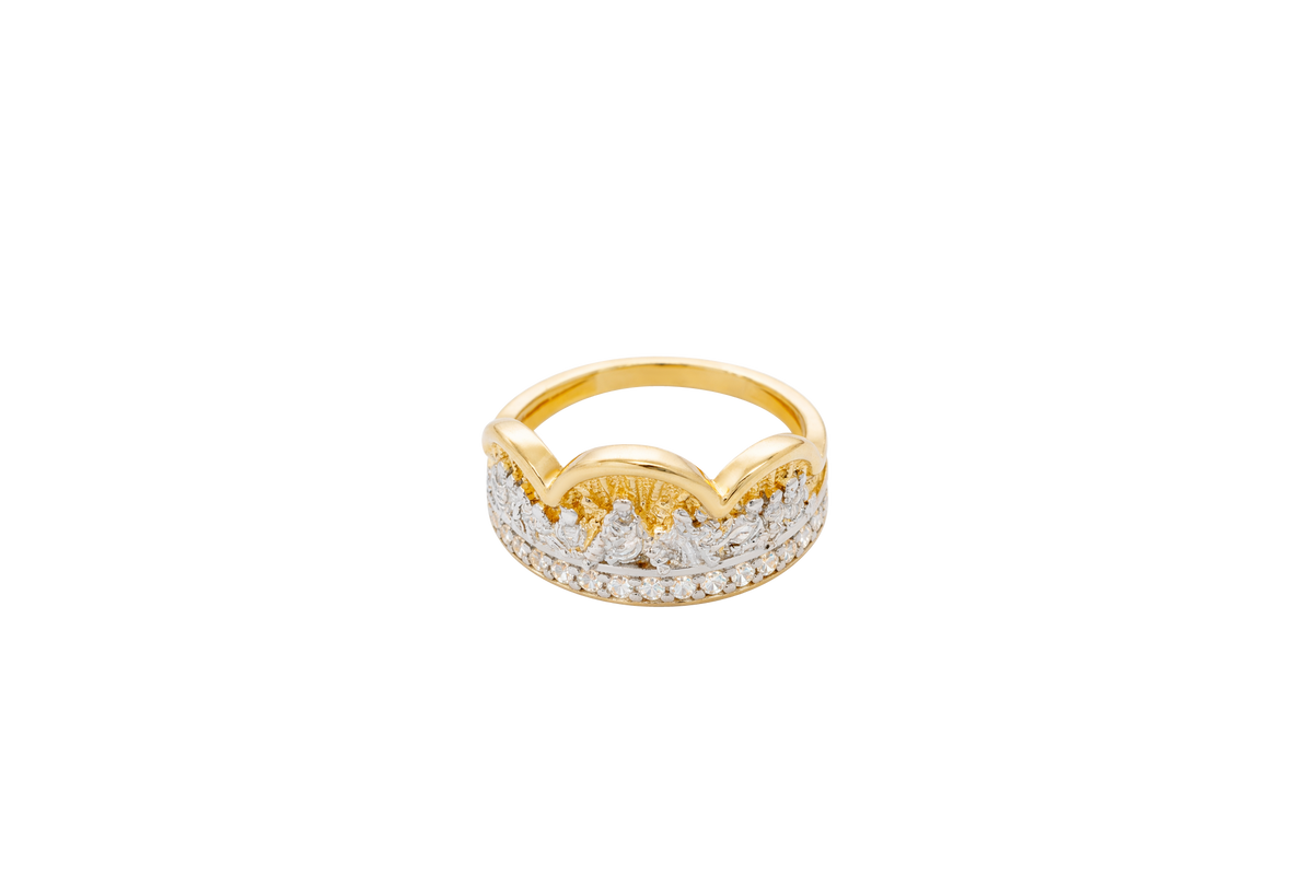 14KT Gold Ring Men's Two Tone Triple Arch Last Supper Single Row White CZ Stones Lower Border