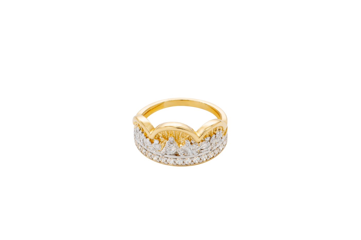 14KT Gold Ring Men's Two Tone Triple Arch Last Supper Single Row White CZ Stones Lower Border