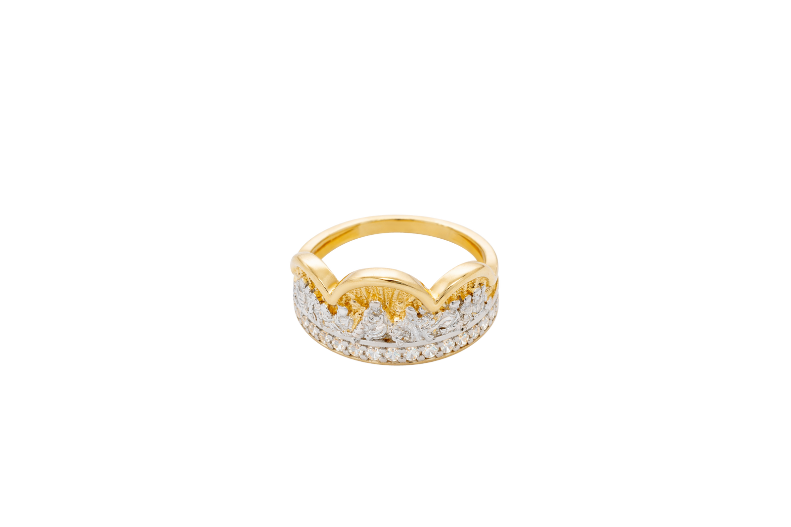 14KT Gold Ring Men's Two Tone Triple Arch Last Supper Single Row White CZ Stones Lower Border