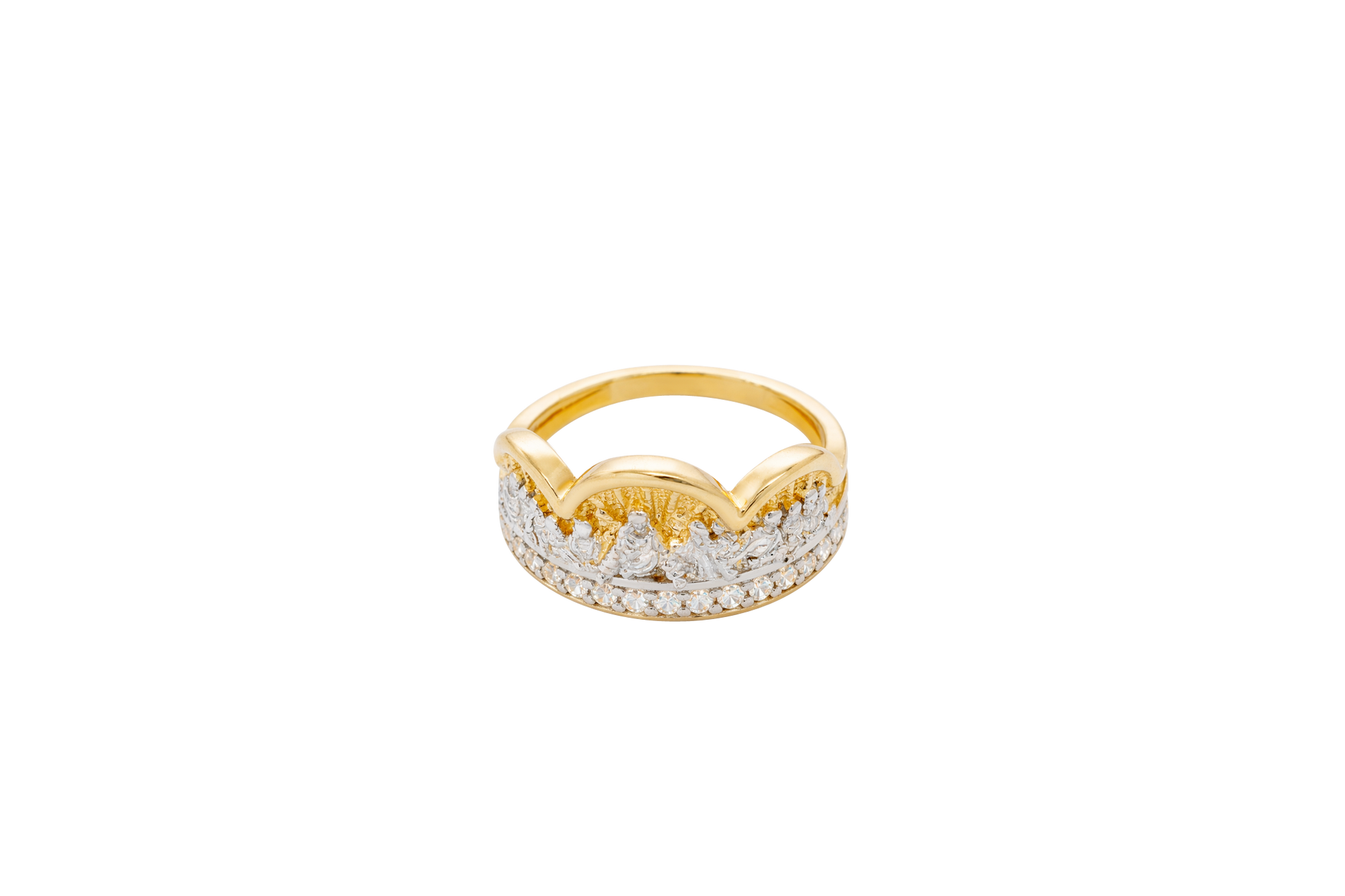 14KT Gold Ring Men's Two Tone Triple Arch Last Supper Single Row White CZ Stones Lower Border