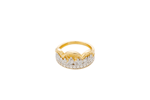 14KT Gold Ring Men's Two Tone Triple Arch Last Supper Single Row White CZ Stones Lower Border