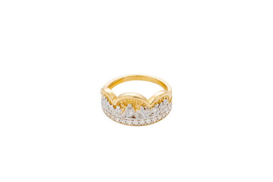 14KT Gold Ring Men's Two Tone Triple Arch Last Supper Single Row White CZ Stones Lower Border