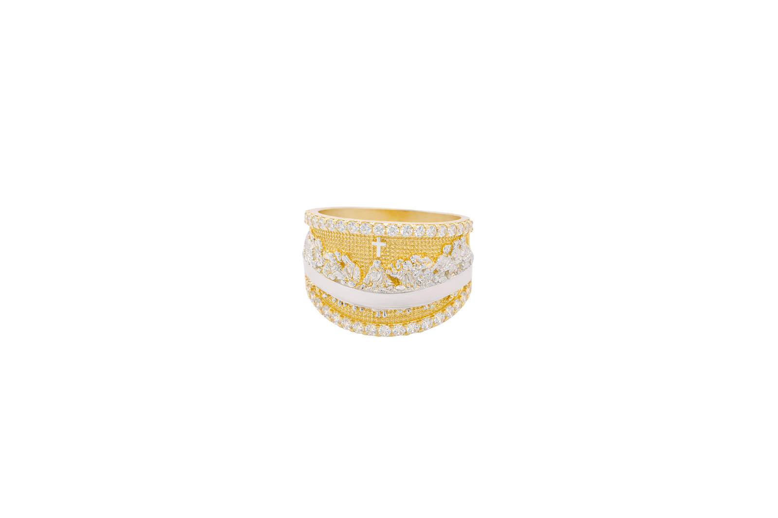 14KT Gold Ring Men's Two Tone Last Supper White CZ Stones Single Row Upper/Lower Border