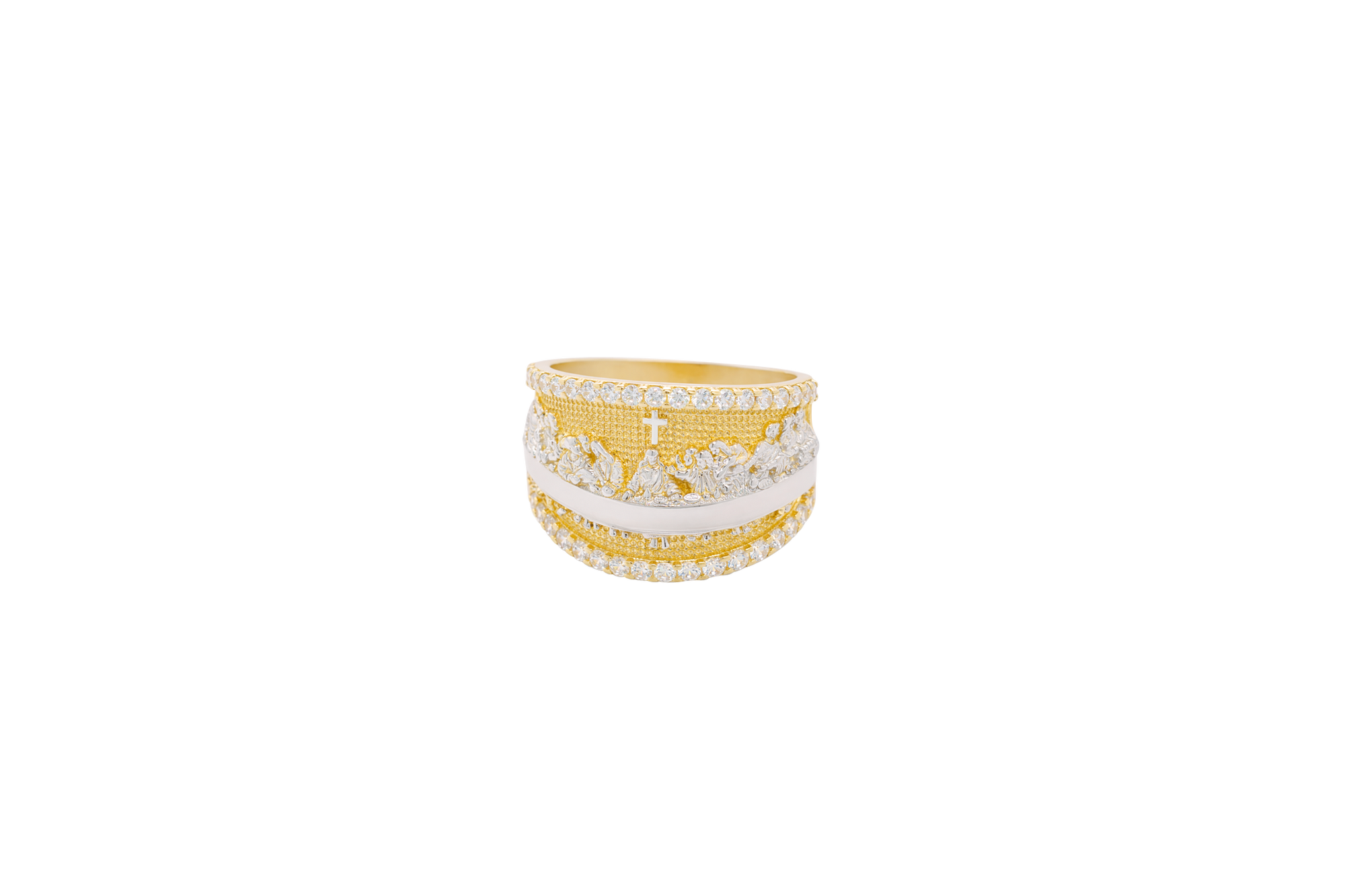 14KT Gold Ring Men's Two Tone Last Supper White CZ Stones Single Row Upper/Lower Border