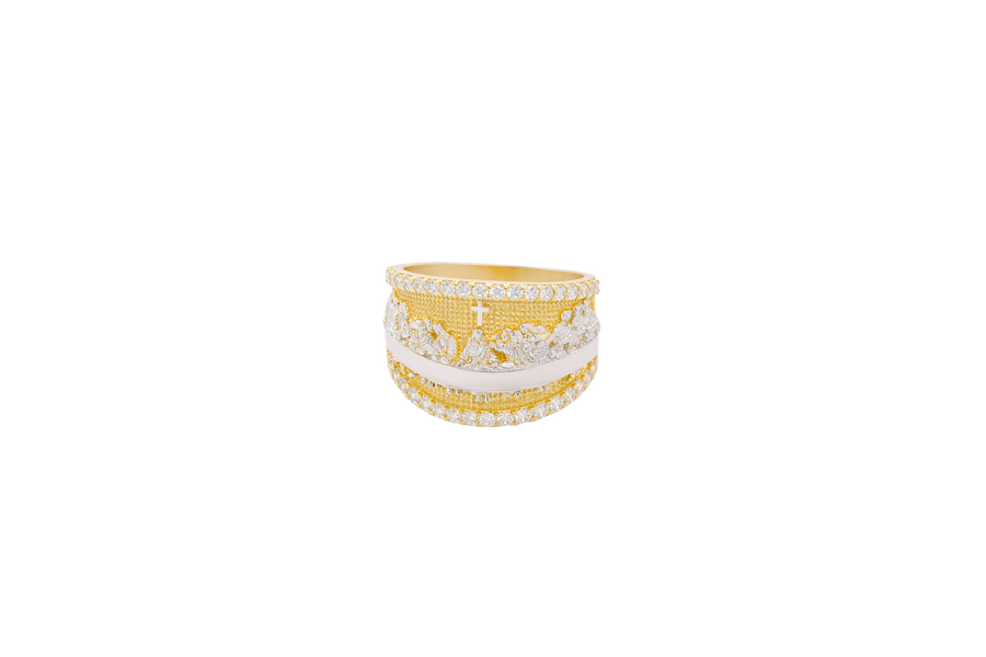 14KT Gold Ring Men's Two Tone Last Supper White CZ Stones Single Row Upper/Lower Border