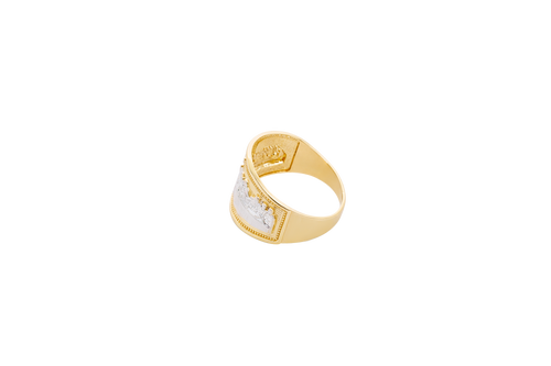 14KT Gold Ring Men's Two Tone Last Supper Horizontal Stripe Background Dotted Border Side Design Plain