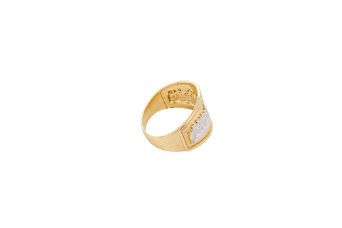14KT Gold Ring Men's Two Tone Last Supper Horizontal Stripe Background Dotted Border Side Design Plain