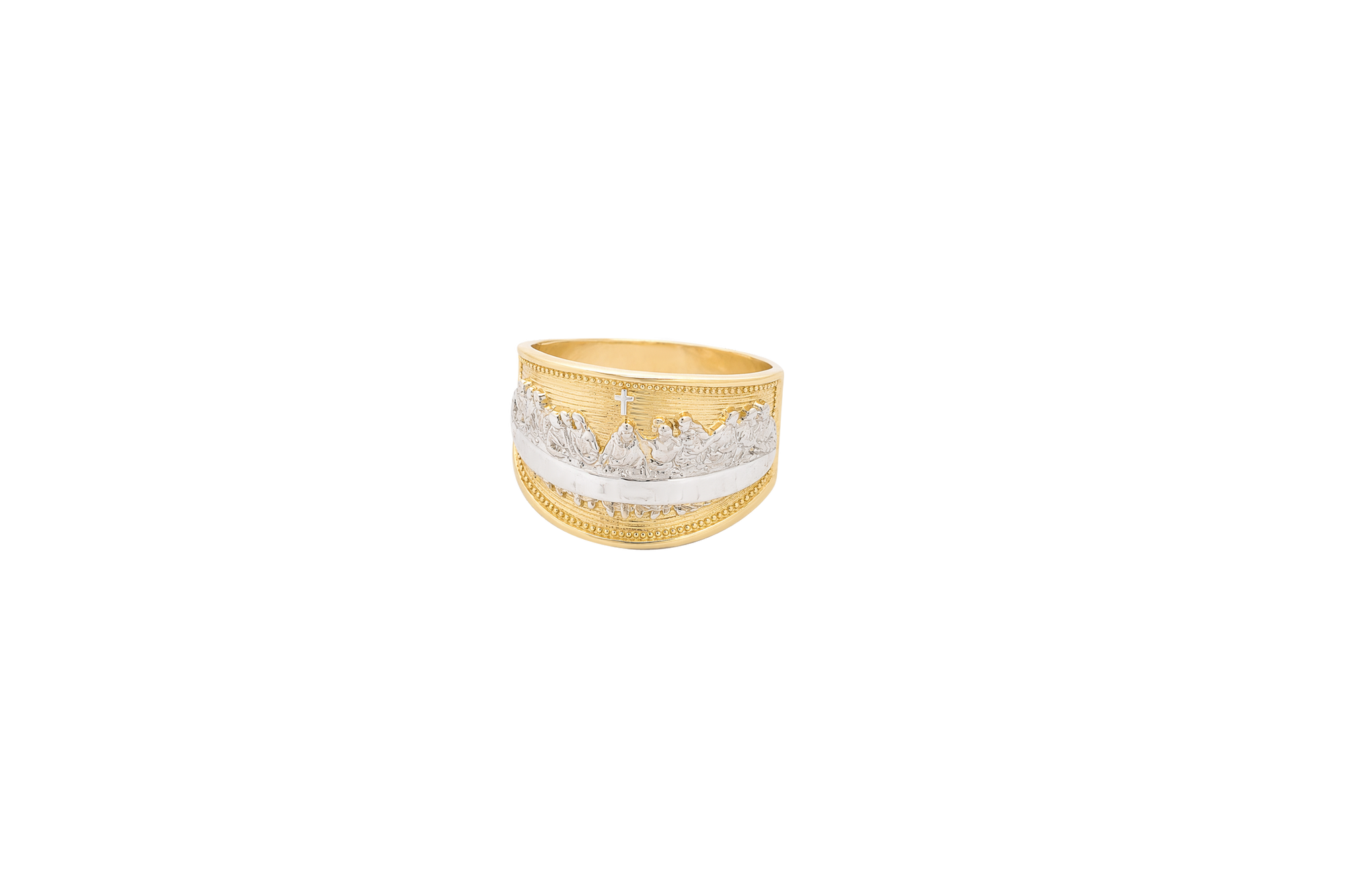 14KT Gold Ring Men's Two Tone Last Supper Horizontal Stripe Background Dotted Border Side Design Plain