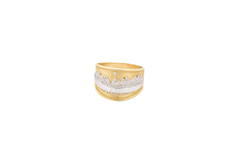 14KT Gold Ring Men's Two Tone Last Supper Horizontal Stripe Background Dotted Border Side Design Plain