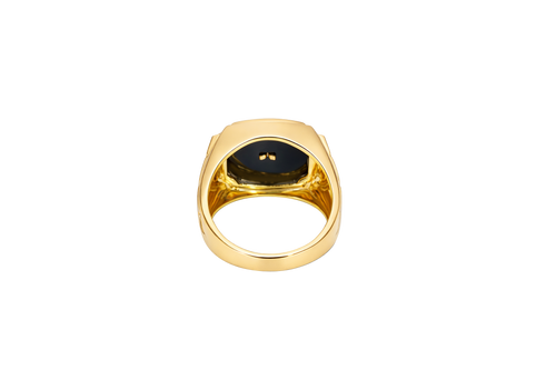 14KT Gold Ring Men's Square Onyx Marijuana Leaf with Plain Border Side Design Triple Stacked Rhombus