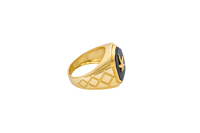 14KT Gold Ring Men's Square Onyx Marijuana Leaf with Plain Border Side Design Triple Stacked Rhombus