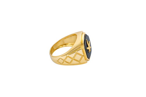 14KT Gold Ring Men's Square Onyx Marijuana Leaf with Plain Border Side Design Triple Stacked Rhombus