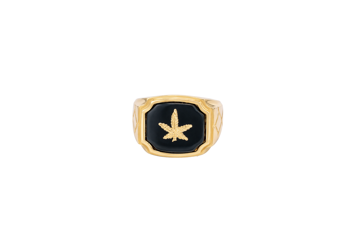 14KT Gold Ring Men's Square Onyx Marijuana Leaf with Plain Border Side Design Triple Stacked Rhombus