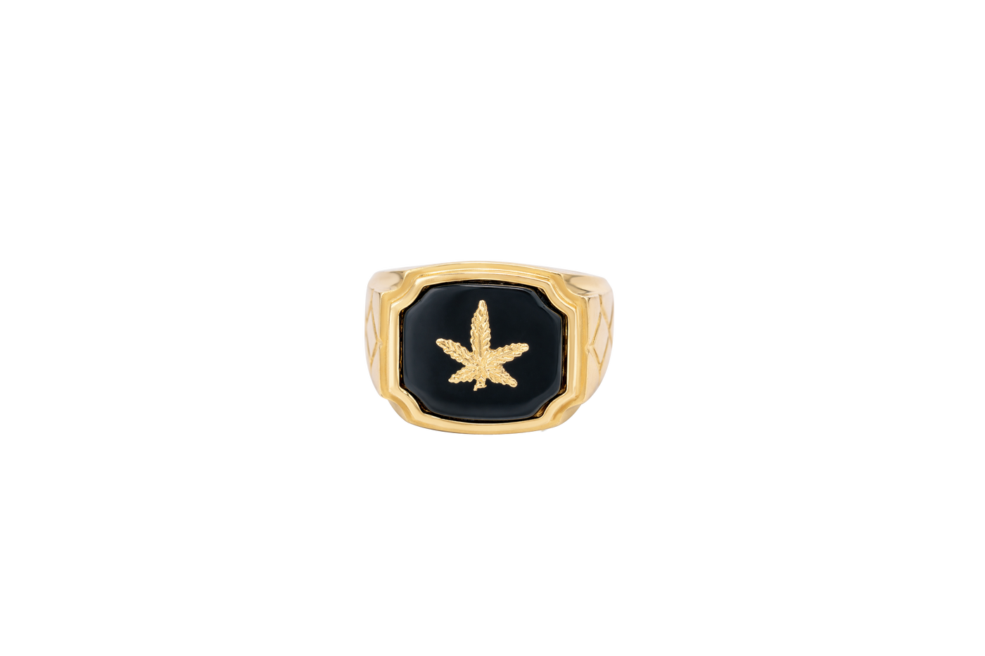14KT Gold Ring Men's Square Onyx Marijuana Leaf with Plain Border Side Design Triple Stacked Rhombus