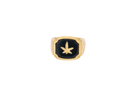 14KT Gold Ring Men's Square Onyx Marijuana Leaf with Plain Border Side Design Triple Stacked Rhombus