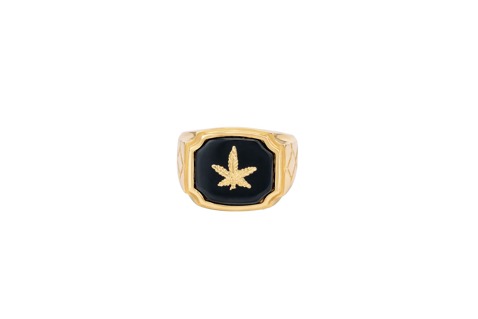 14KT Gold Ring Men's Square Onyx Marijuana Leaf with Plain Border Side Design Triple Stacked Rhombus