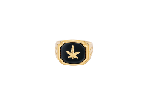 14KT Gold Ring Men's Square Onyx Marijuana Leaf with Plain Border Side Design Triple Stacked Rhombus