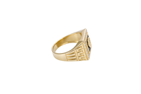 14KT Gold Ring Men's Square Lion Head Onyx Background White CZ Stone Border Side Design Greek