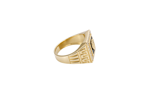 14KT Gold Ring Men's Square Lion Head Onyx Background White CZ Stone Border Side Design Greek