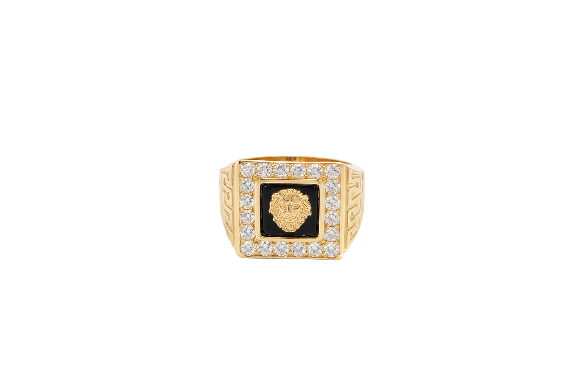 14KT Gold Ring Men's Square Lion Head Onyx Background White CZ Stone Border Side Design Greek