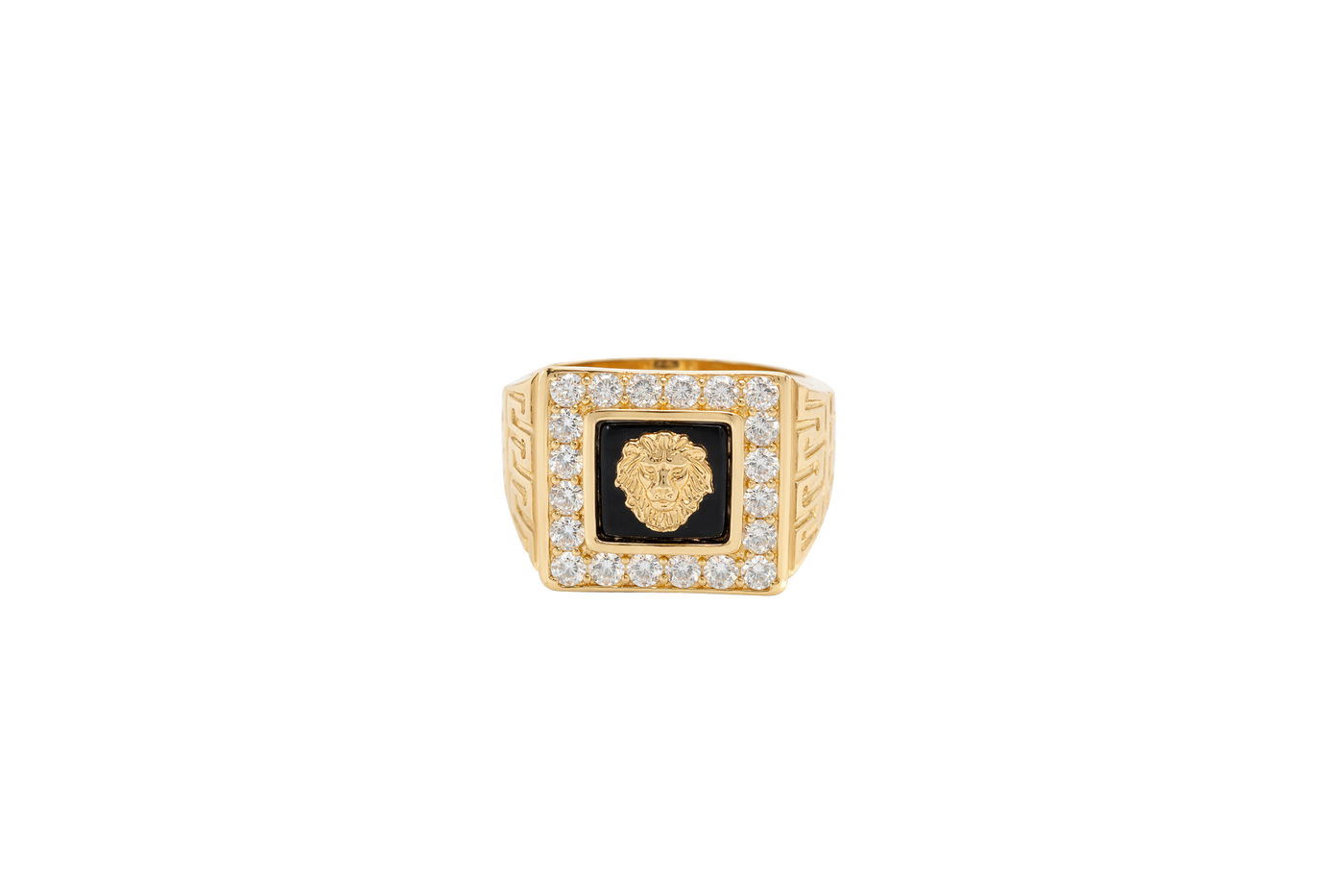 14KT Gold Ring Men's Square Lion Head Onyx Background White CZ Stone Border Side Design Greek