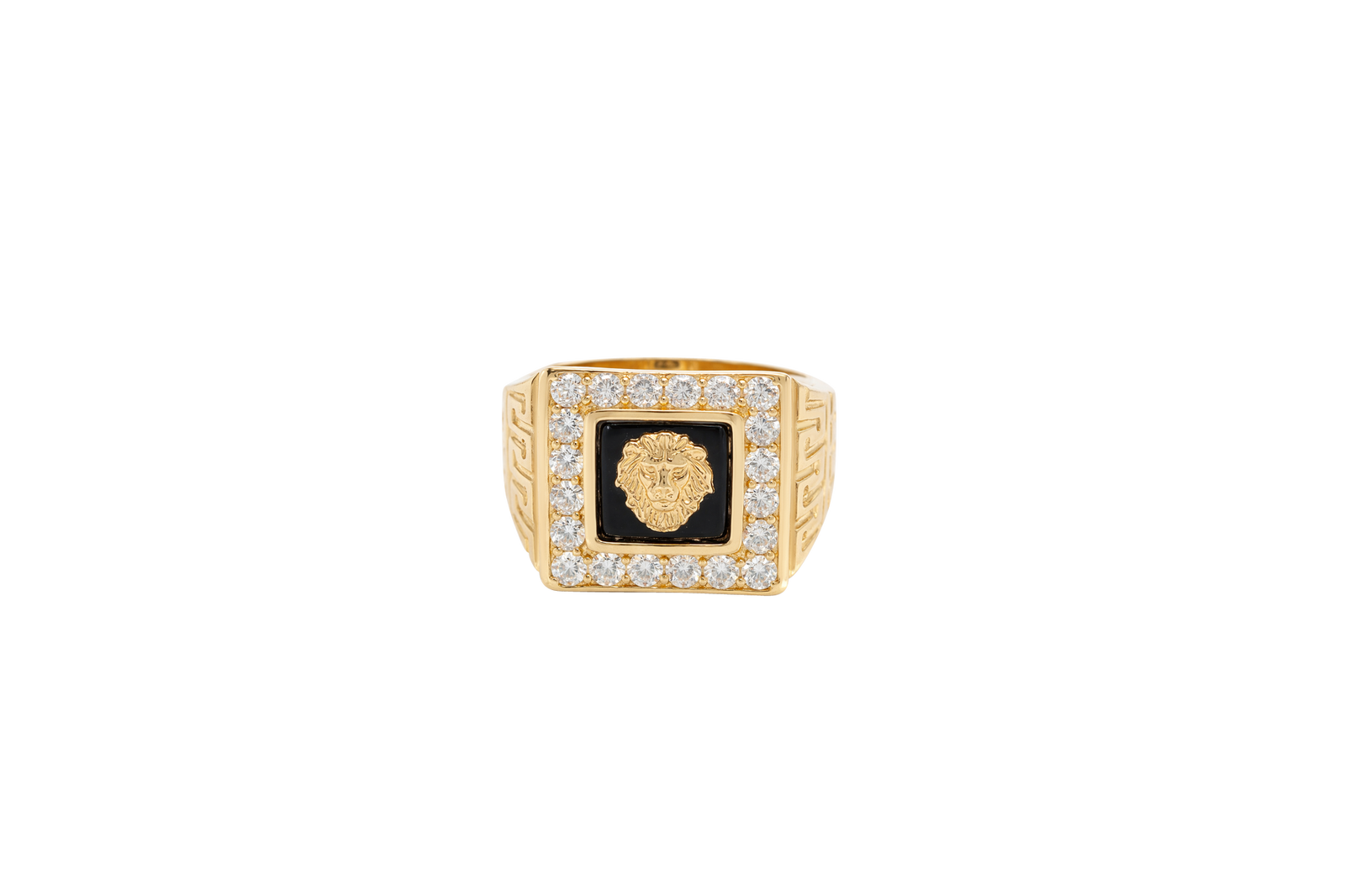 14KT Gold Ring Men's Square Lion Head Onyx Background White CZ Stone Border Side Design Greek