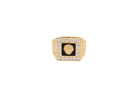 14KT Gold Ring Men's Square Lion Head Onyx Background White CZ Stone Border Side Design Greek