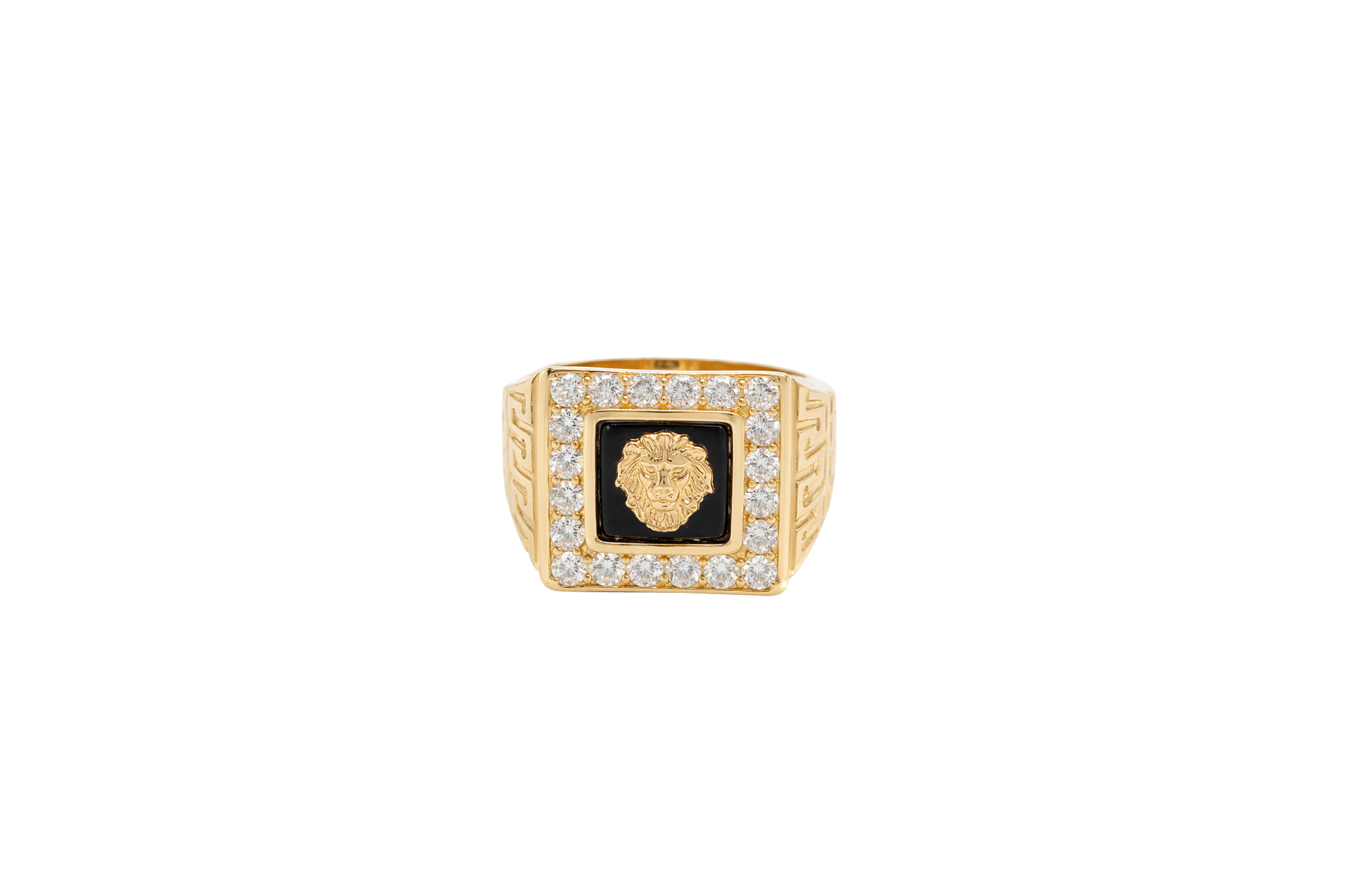 14KT Gold Ring Men's Square Lion Head Onyx Background White CZ Stone Border Side Design Greek