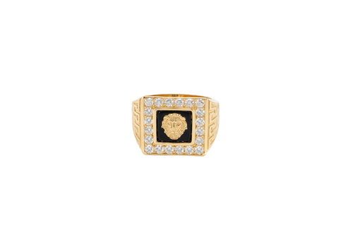 14KT Gold Ring Men's Square Lion Head Onyx Background White CZ Stone Border Side Design Greek