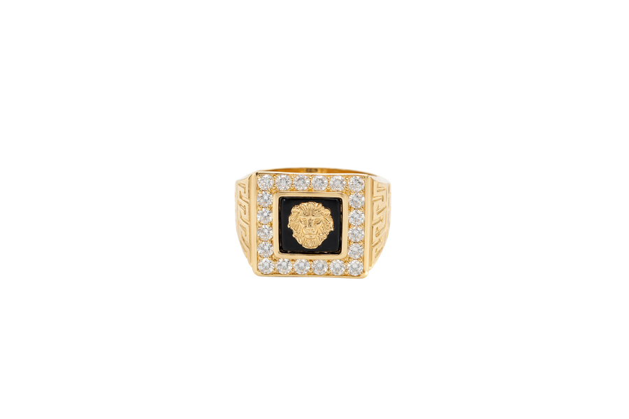 14KT Gold Ring Men's Square Lion Head Onyx Background White CZ Stone Border Side Design Greek