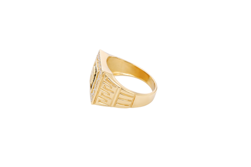 14KT Gold Ring Men's Square Lion Head Onyx Background White CZ Stone Border Side Design Greek