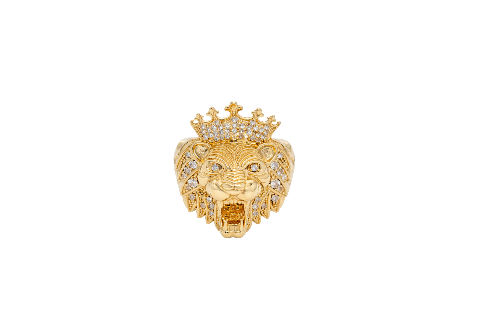 14KT Gold Ring Men's Crowned Lion Head with White CZ Stones Crown and Fur Top