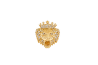 14KT Gold Ring Men's Crowned Lion Head with White CZ Stones Crown and Fur Top