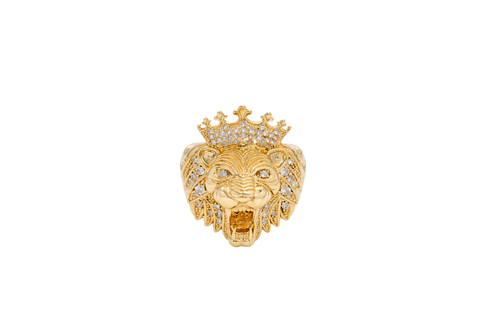 14KT Gold Ring Men's Crowned Lion Head with White CZ Stones Crown and Fur Top